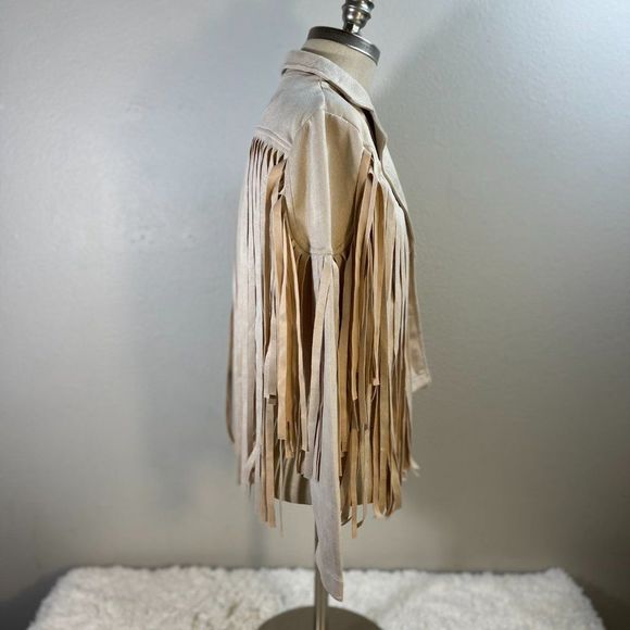 Western Tassel Notch Lapel Collar Long Sleeve Open Front Jacket Cream Size M - Picture 3 of 7